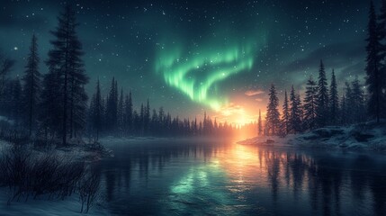 Enchanting Display of the Northern Lights Over a Snow-Covered Landscape Creating a Magical Night Sky Dance of Aurora Borealis
