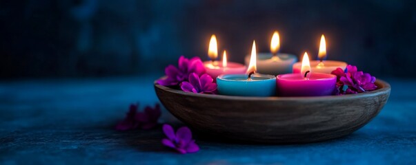 Serene candles, flowers, wooden bowl, dark background, spa