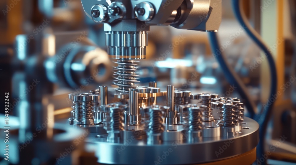 Poster close-up of a complex automated industrial machine, showcasing intricate metallic gears and precisio