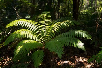 Lush green fern plant in dappled sunlight on forest floor.