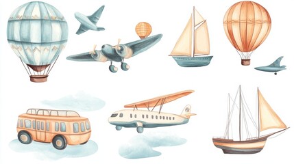 Hand-drawn whimsical transport icons, capturing the magic of travel dreams with detailed sketches