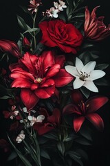 Vibrant red and white floral arrangement on a dark background, showcasing roses, lilies, and other blooms, symbolizing beauty and elegance in nature