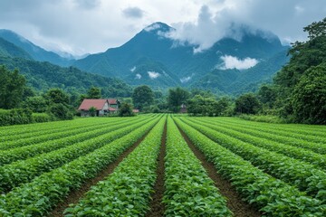Lush green farmland with mountains and clouds in the background.