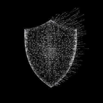 A digital shield made of binary code, representing cybersecurity and data protection in a sleek, modern design against a black background.