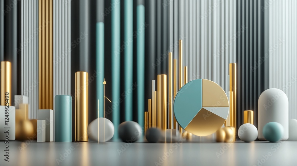 Poster abstract 3d rendering of geometric shapes, gold, teal, white columns and a pie chart on grey floor.