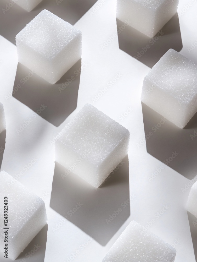 Poster close-up of sugar cubes arranged in a geometric pattern, casting shadows on a white surface.