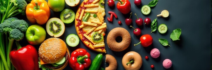 Fresh vegetables, fruits, pizza slices, bagels, and fries arranged on a table, representing a balance between healthy eating and comfort foods.