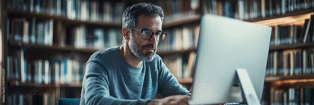 Poster focused man working on computer in library.