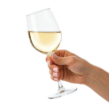Girl hand holding white wine glass and toasting on transparent background
