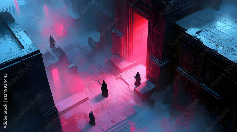 Poster isometric gameplay mechanics players navigating a dark room with red light and unique visual element