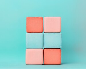 Fototapeta premium A minimalist arrangement of colorful blocks stacked in a grid pattern against a soft turquoise background.
