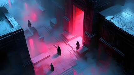 Isometric gameplay mechanics players navigating a dark room with red light and unique visual elements for gaming 3d art