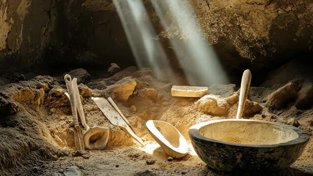 archaeological excavation site with tools and artifacts, historical and detailed atmosphere, bright natural lighting, authentic and raw setting