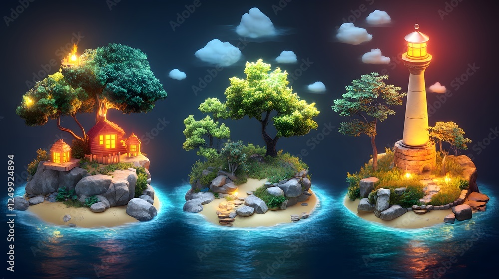Poster isometric game worlds depicting a fantasy landscape with three small islands trees and a lighthouse 