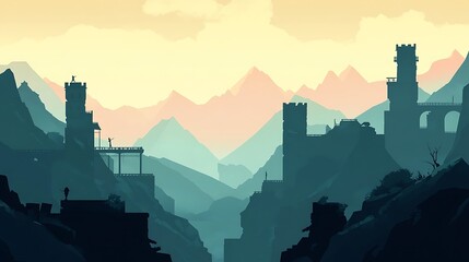 Fototapeta premium Mountaintop Castles Silhouette Landscape Artwork