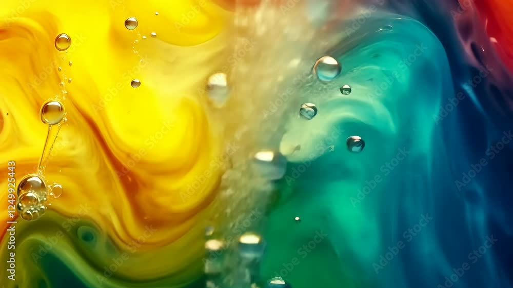 Poster colorful swirls of yellow and blue liquid creating abstract patterns in a glass container