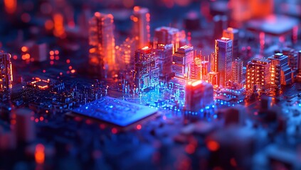 Digital Cityscape: Futuristic Urban Development on Circuit Board, Illuminated with Vibrant Neon Lights at Night