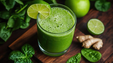 A nutrient-packed detox smoothie with spinach, apple, and a hint of ginger, creating a vibrant green drink, garnished with a lime slice for a zesty finish.