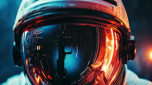 close-up of an astronaut reflected in a helmet visor, sharp and vivid details, cosmic background visible, futuristic and reflective atmosphere, serene composition