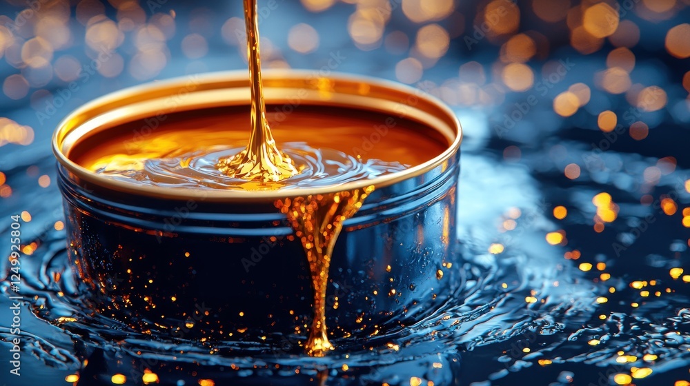 Poster golden liquid pouring into dark container with bokeh background