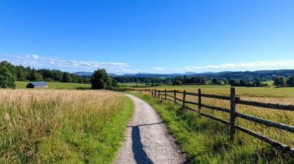 Countryside Path Through Golden Wheat Field Under Blue Sky