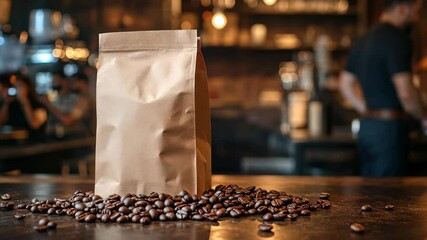 1kg kraft coffee bag on a bar table, surrounded by scattered coffee beans and blurred patrons in a cozy cafe setting.