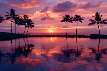 Beautiful Sunset Over Serene Coastal Landscape with Reflective Ocean and Silhouetted Shoreline