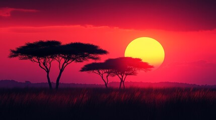 Serene Sunset Spectacle Over African Savanna with Vibrant Warm Hues of Orange, Yellow, and Red