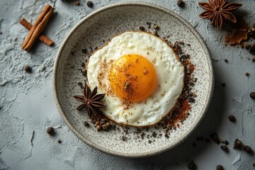 Fried egg is placed on a plate with spices