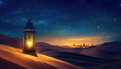 Desert Night: Illuminated Lantern Lights Up Starry Sky Over Distant Cityscape at Dusk
