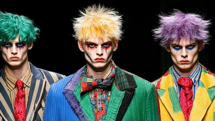 Models showcase vibrant and unconventional fashion designs during a runway show in a major city, highlighting bold colors and dramatic makeup