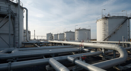 Naklejka premium A contemporary natural gas power station defined by an intricate network of pipelines and tanks 