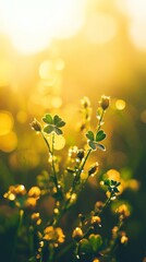 clover wreath, Saint Patrick's Day, green, golden accents, festive, elegant, warm lighting, bokeh, close-up, celebration, Irish tradition, holiday decor, seasonal, decorative, natural elements, wreath