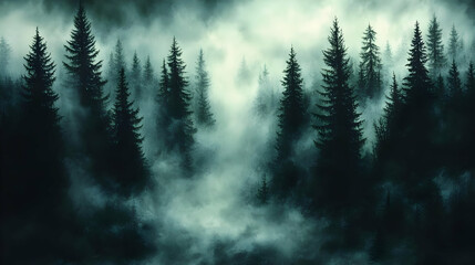 Fototapeta premium Misty Dark Forest Landscape