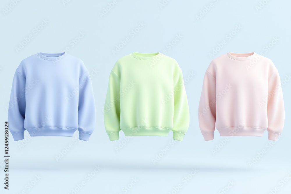 Poster three colorful sweatshirts are floating in the air, each with a different color