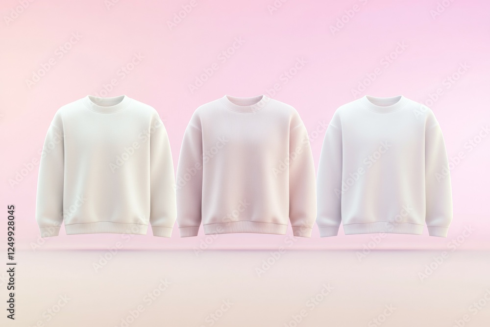 Poster three white sweatshirts are displayed in a row, each with a different design