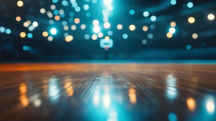 Polished wooden basketball court floor with blurred background lights.