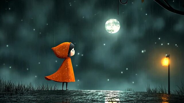 Child in orange raincoat gazing at full moon during nighttime rainstorm in a whimsical setting
