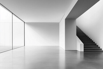 Fototapeta premium Sunlit Minimalist Interior with Concrete Walls and Staircase Featuring Clean Lines