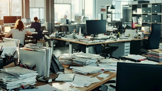 busy open office with messy desks and papers, symbolic representation of work stress and modern office life, vibrant dynamic atmosphere