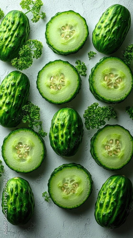 Poster fresh cucumber slices and parsley on light background