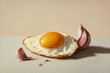 A fried egg with garlic cloves on a neutral surface