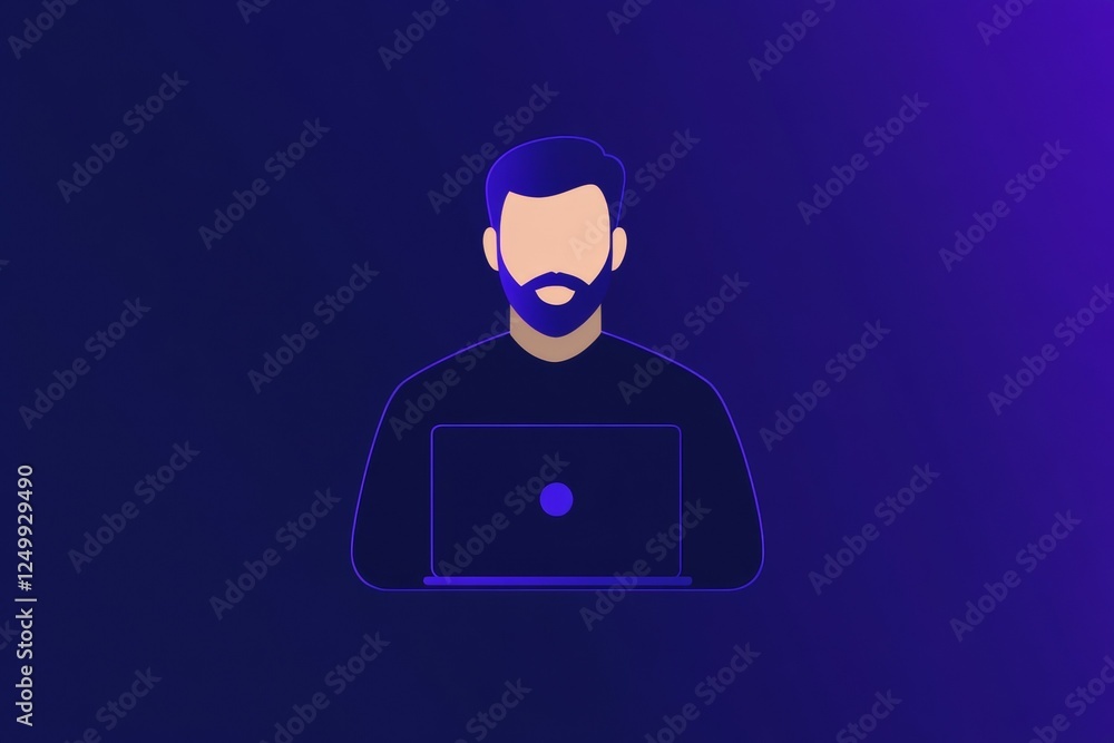 Poster man is sitting in front of a laptop computer
