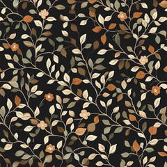 Earthy Toned Floral Vines Seamless Pattern on Dark Background for textile design
