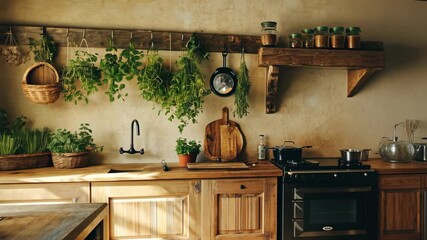 Rustic farmhouse kitchen with fresh herbs hanging, wooden table, and warm natural light, cozy and inviting