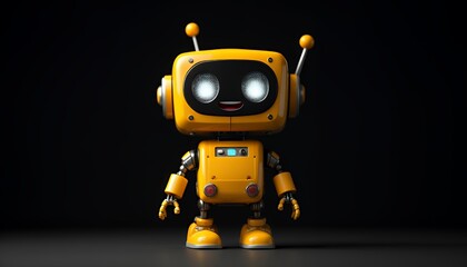 Fototapeta premium Cute Yellow Robot Character Standing on a Reflective Surface