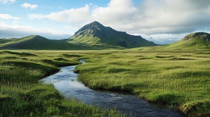 Tranquil stream flowing through lush green meadows at mountainous landscape nature photography serene environment wide angle view