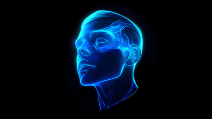 Blue luminous hologram with a human face on a dark background. glitch effect. virtual or augmented reality. artificial digital human head. Augmented Reality Worlds. Illustration