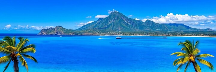Naklejka premium Tropical crystal ocean with Le Morne mountain and luxury beach in Mauritius split view, blue water, exotic, adventure