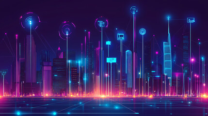 Cityscape with augmented reality overlays in vibrant neon lit urban landscape. Augmented Reality Worlds. Illustration